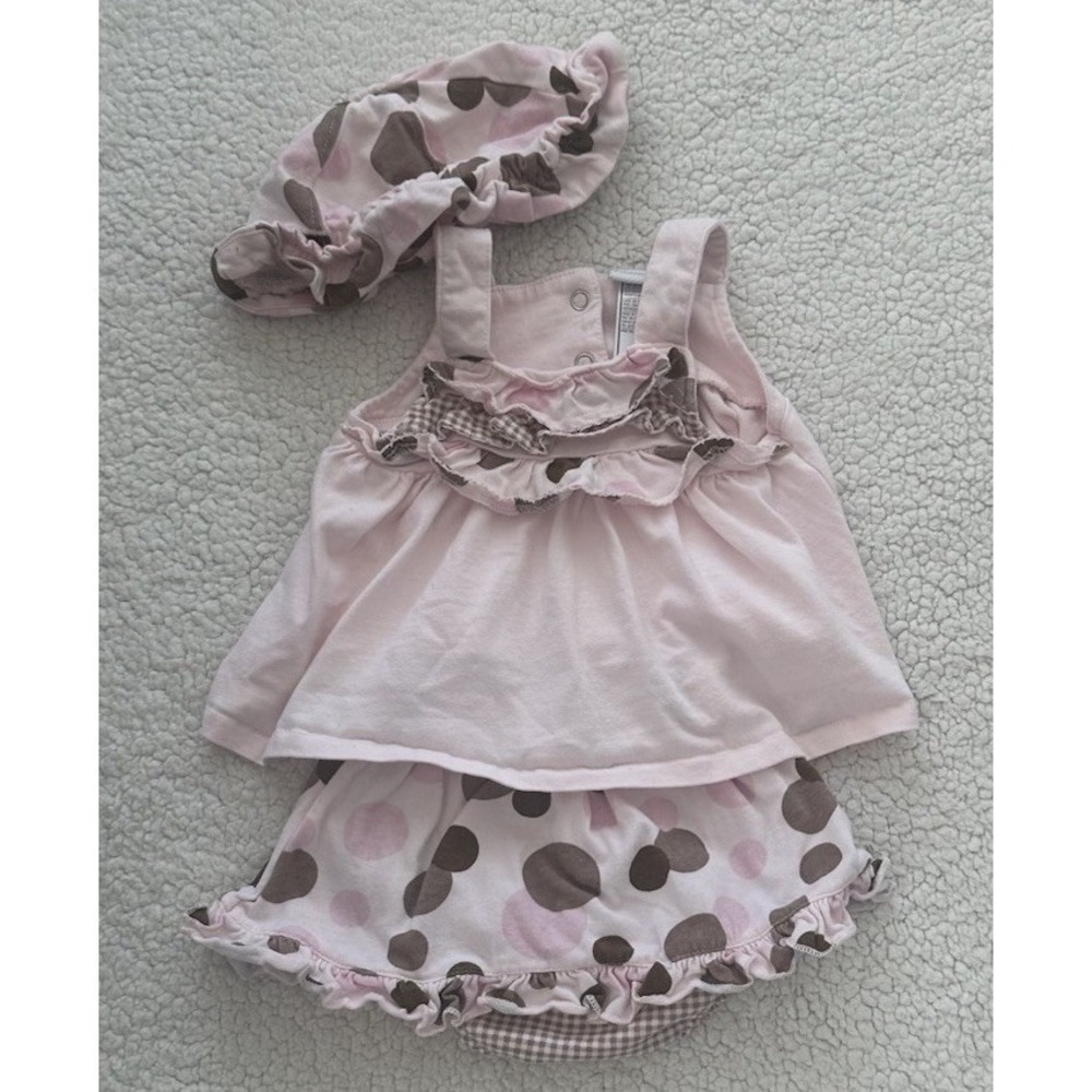 Baby Girl 3 Piece Outfit Polka Dot Ruffle Shirt Skirt/Shorts & Hat Size 6m Girls